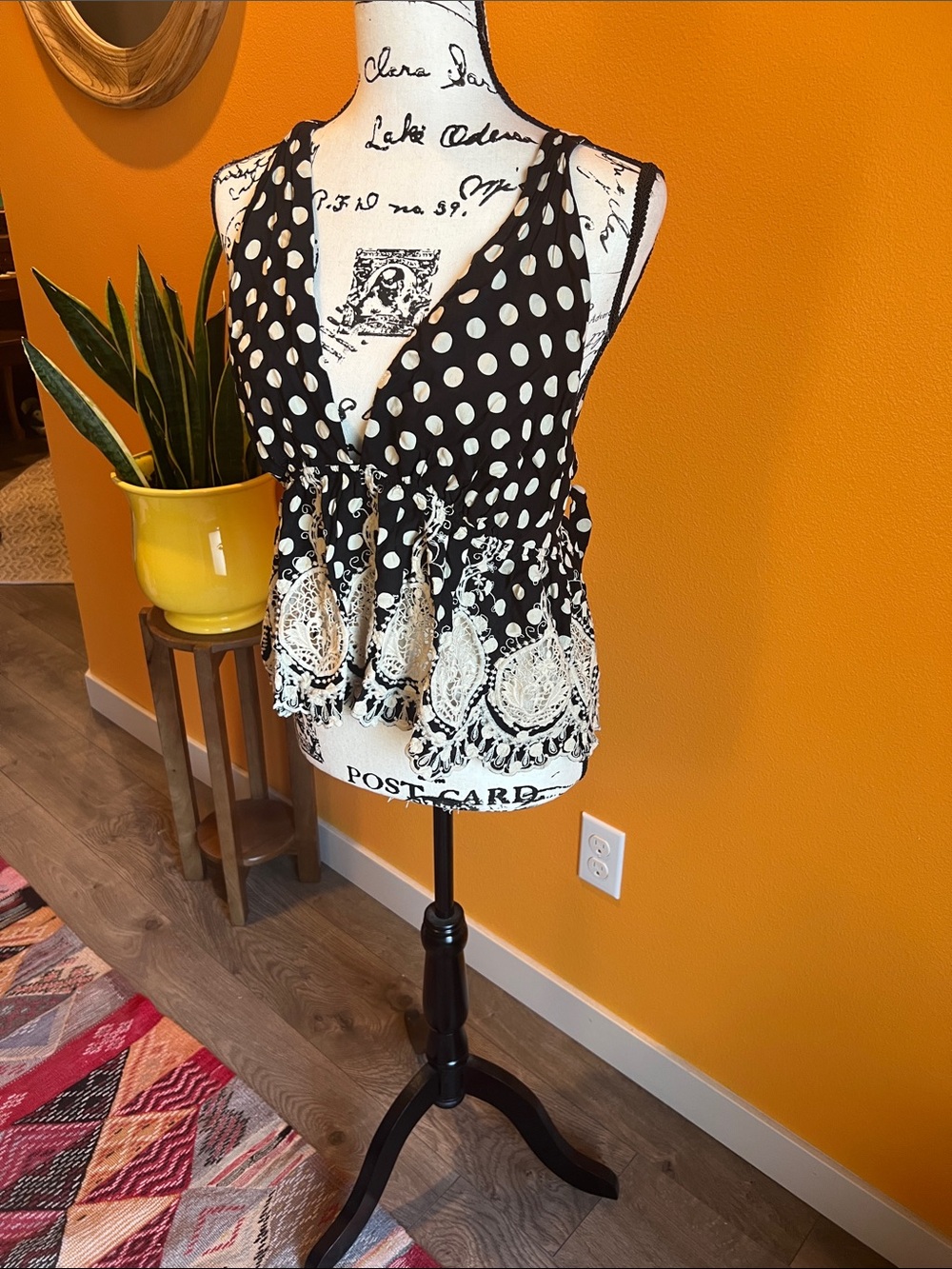Free People Black & White Polka Dot Lace-Trim Peplum Camisole